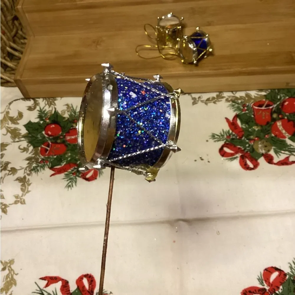 Christmas Glittery Drum Stick Pin & Ornaments Set 12 Pieces